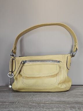 Fossil Pale Yellow Leather Shoulder Bag with Front Zip Pocket